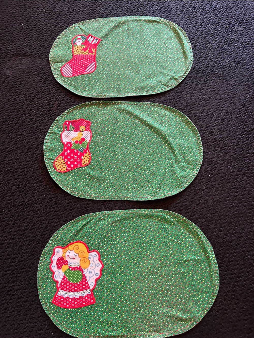 Green Holiday Placemats Set with Angel and Stocking Appliqués